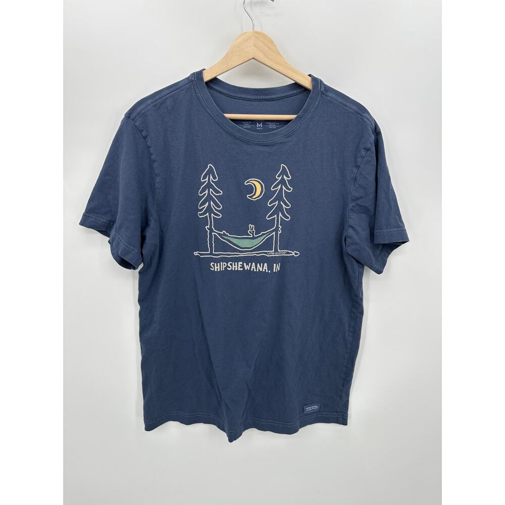 Life Is Good Crusher Tee Mens Medium Blue Shipshewana IN Camping Hammock Shirt